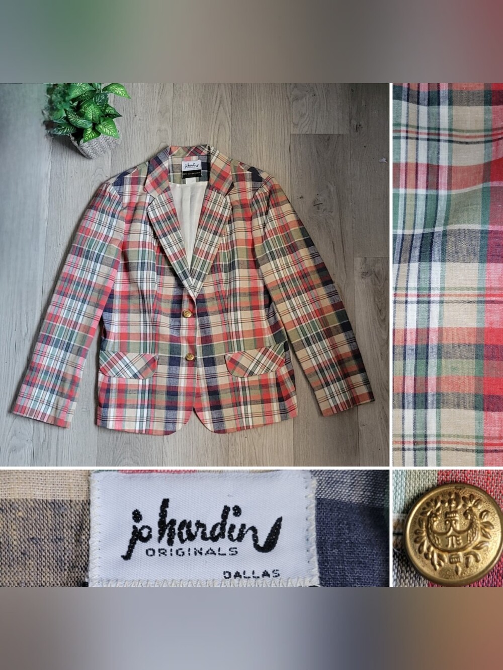 Jo Hardin Originals Madras Plaid Multi Colorway Blazer Jacket Vintage, Women 12
